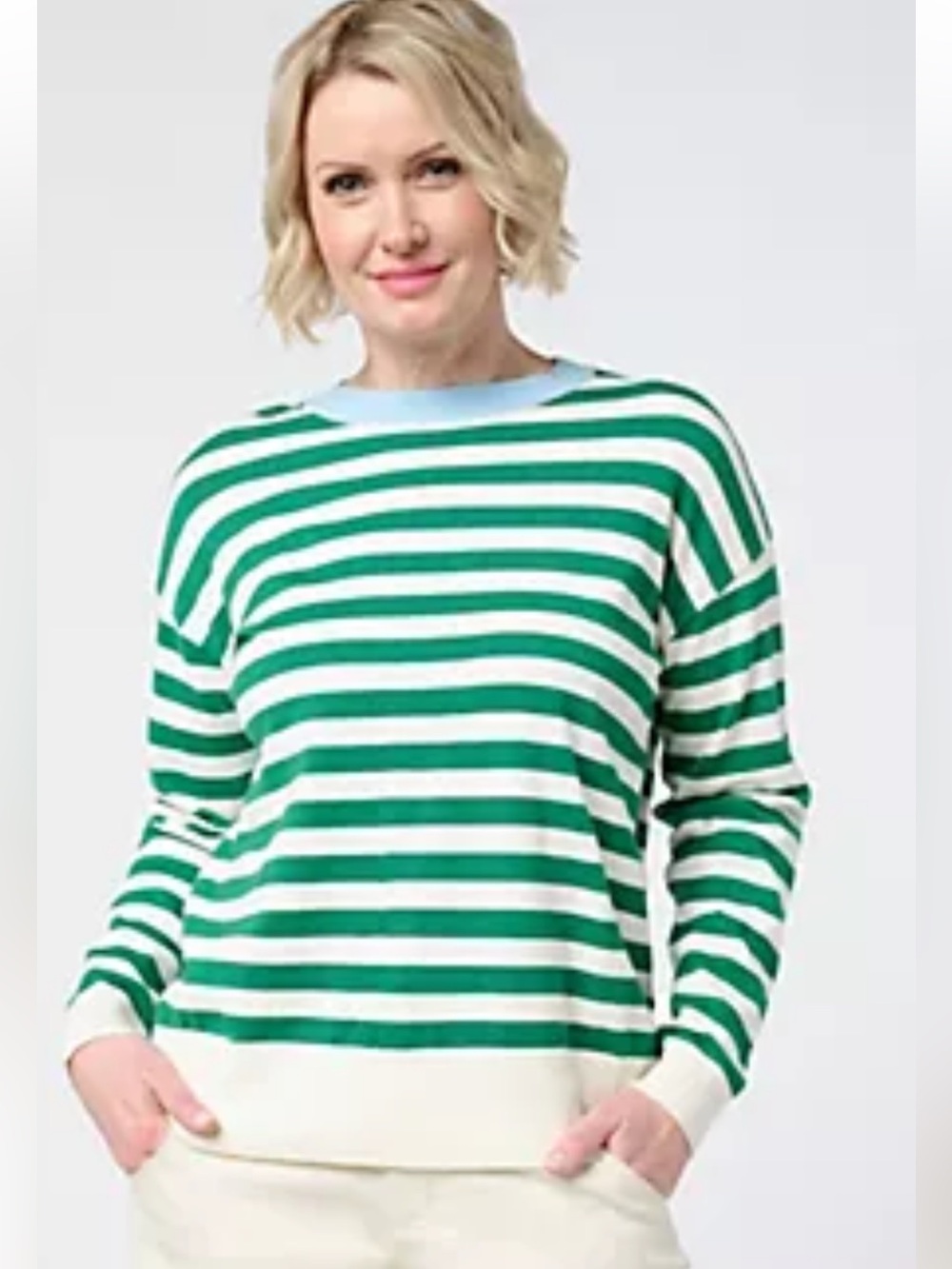 Carla Rockmore Collection Contrast Trim Striped Sweater Green/White Striped Sz M